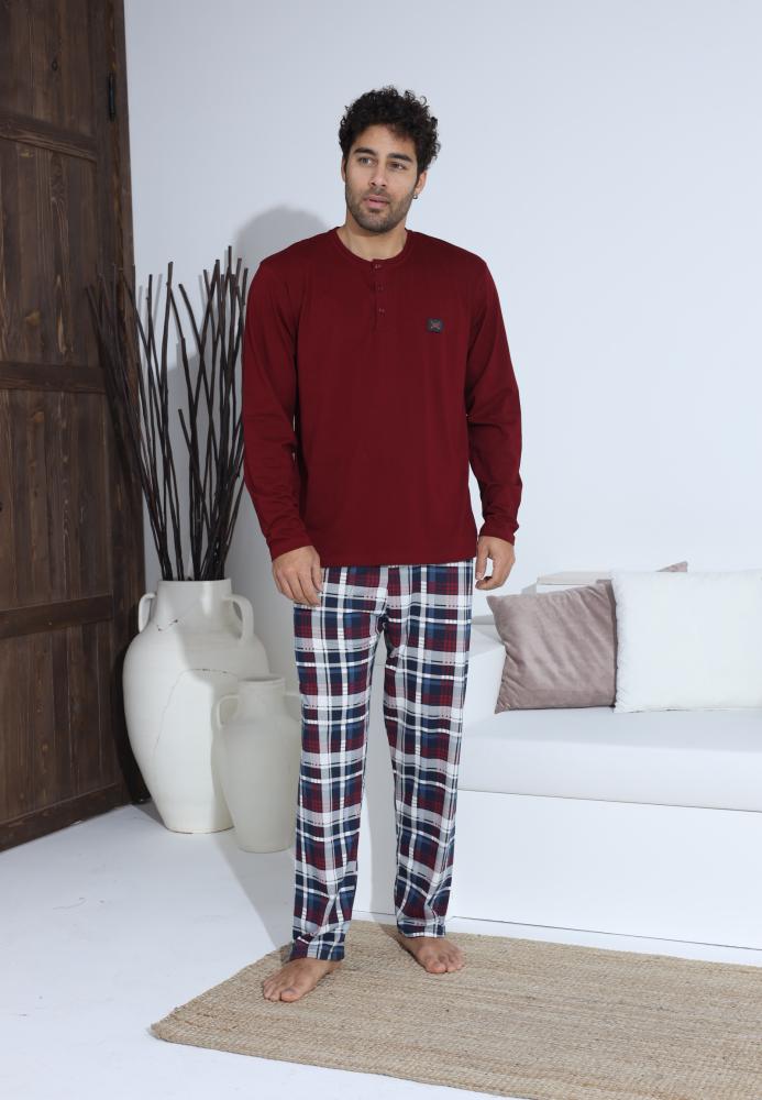 Pijama Barbati ,Maneca si Pantaloni Lungi,Culoare Bordo cu Alb,Engros